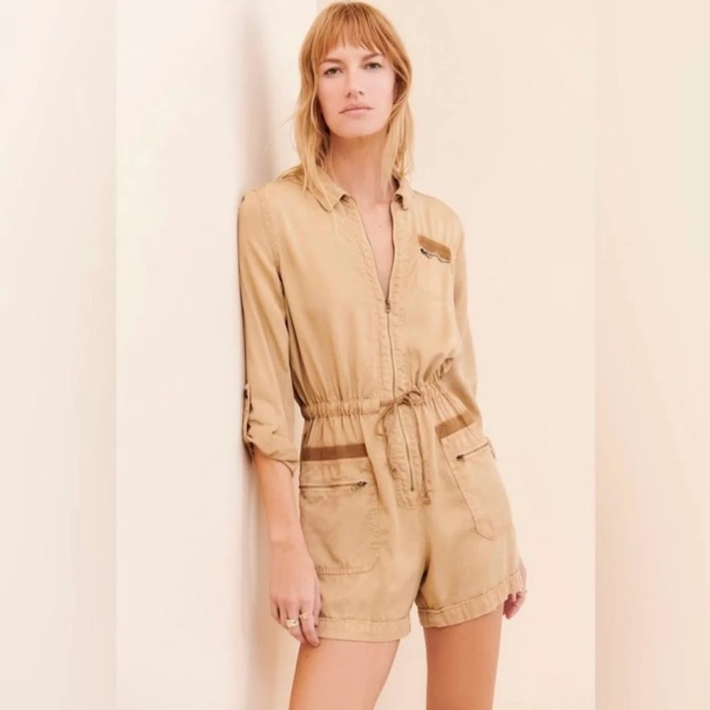 Anthropologie Women’s Ivy Utility Romper Tan Roll Tab Sleeve Tencel One Piece